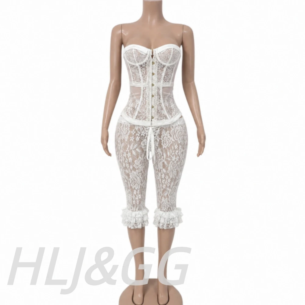 HLJ&GG Sexy Lace See Though Corset Two Piece Sets Women Off Shoulder Sleevelees Tube And Bandage Ruffle Shorts Outfit Streetwear
