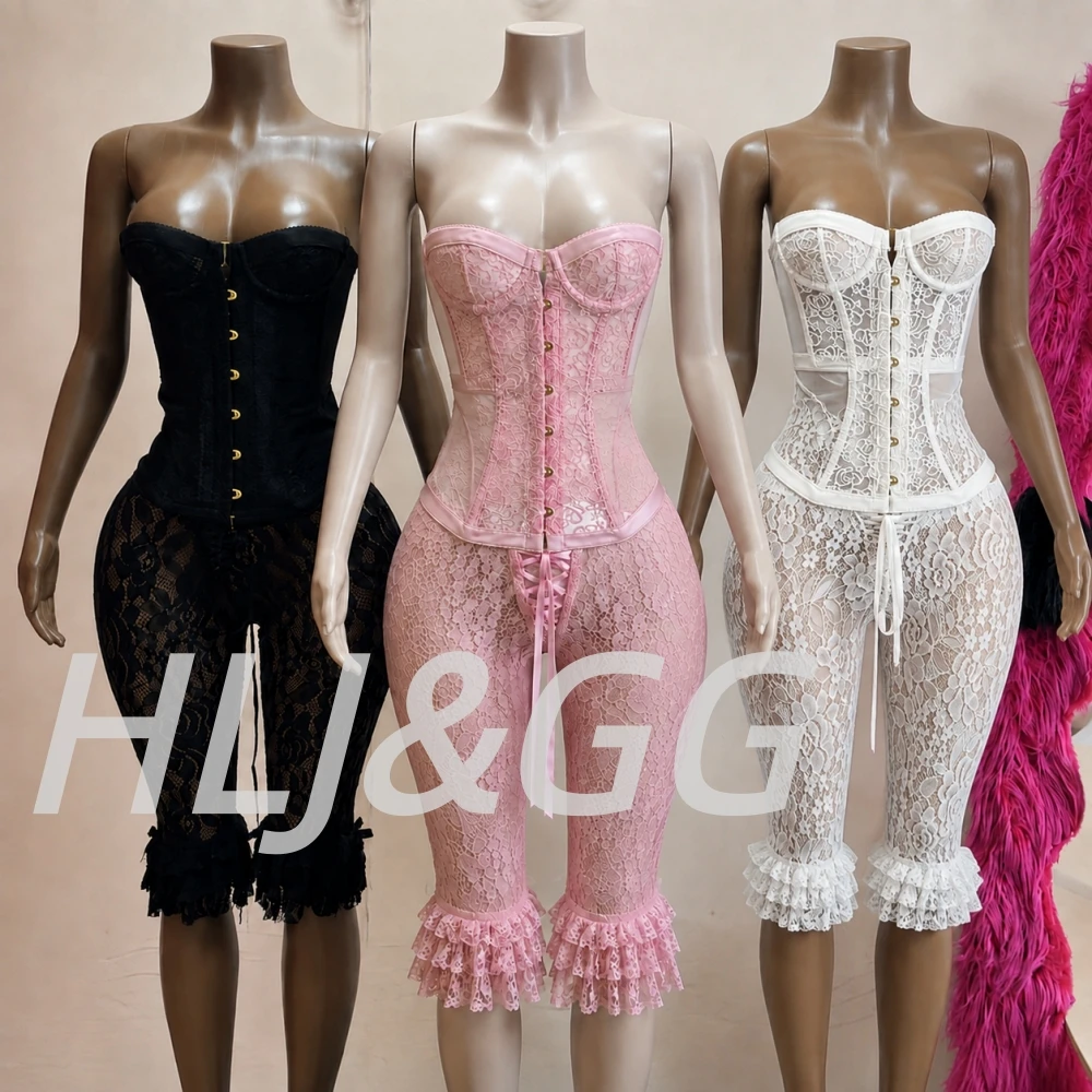 HLJ&GG Sexy Lace See Though Corset Two Piece Sets Women Off Shoulder Sleevelees Tube And Bandage Ruffle Shorts Outfit Streetwear