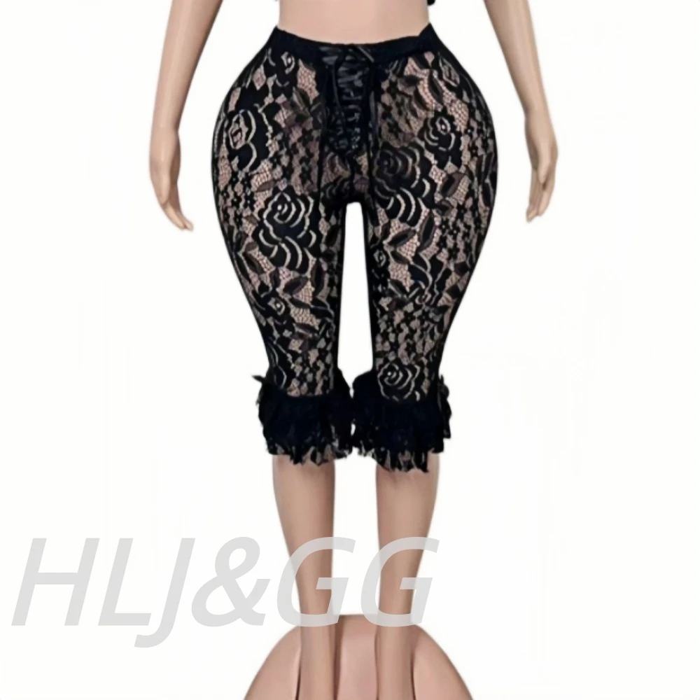 HLJ&GG Sexy Lace See Though Corset Two Piece Sets Women Off Shoulder Sleevelees Tube And Bandage Ruffle Shorts Outfit Streetwear