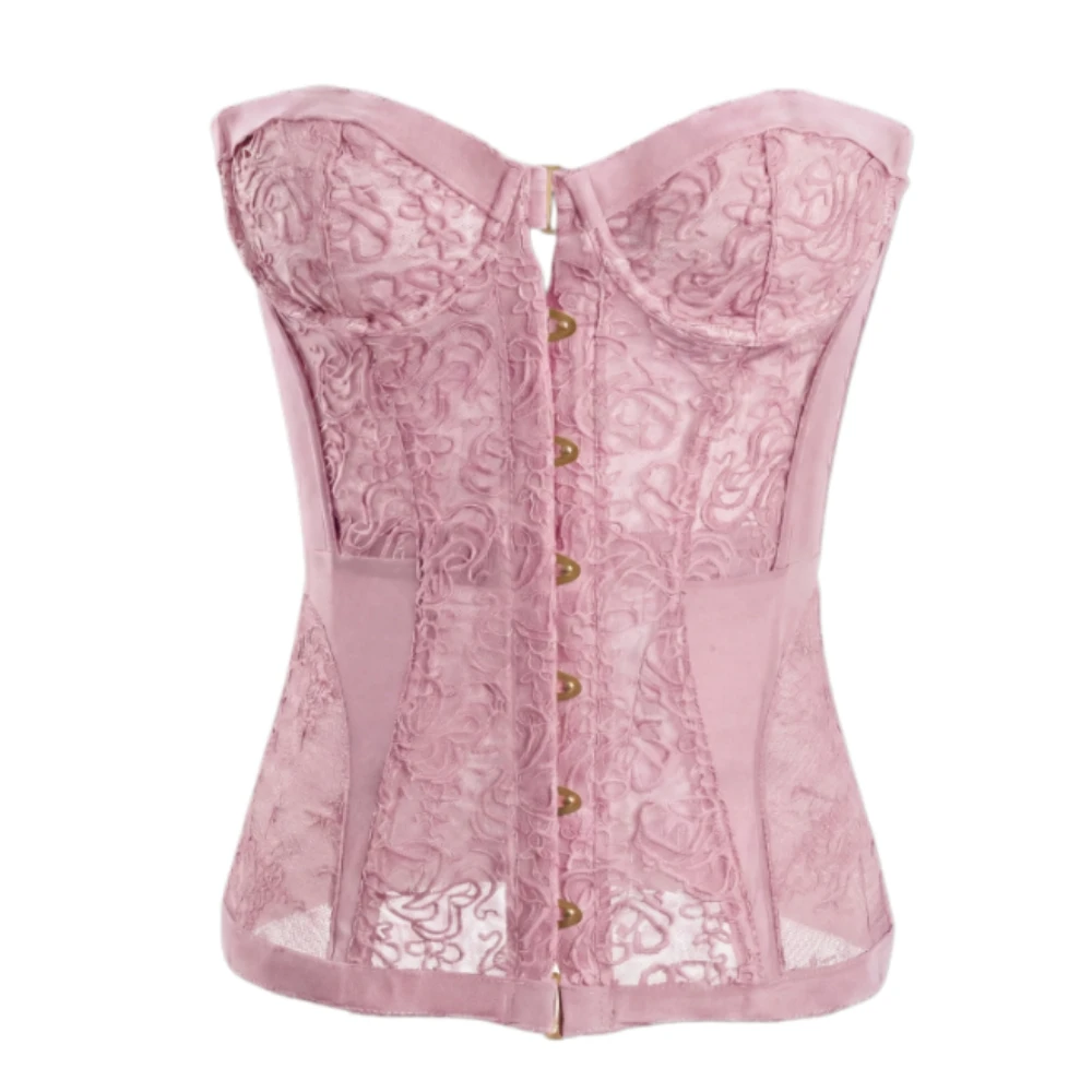HLJ&GG Sexy Lace See Though Corset Two Piece Sets Women Off Shoulder Sleevelees Tube And Bandage Ruffle Shorts Outfit Streetwear