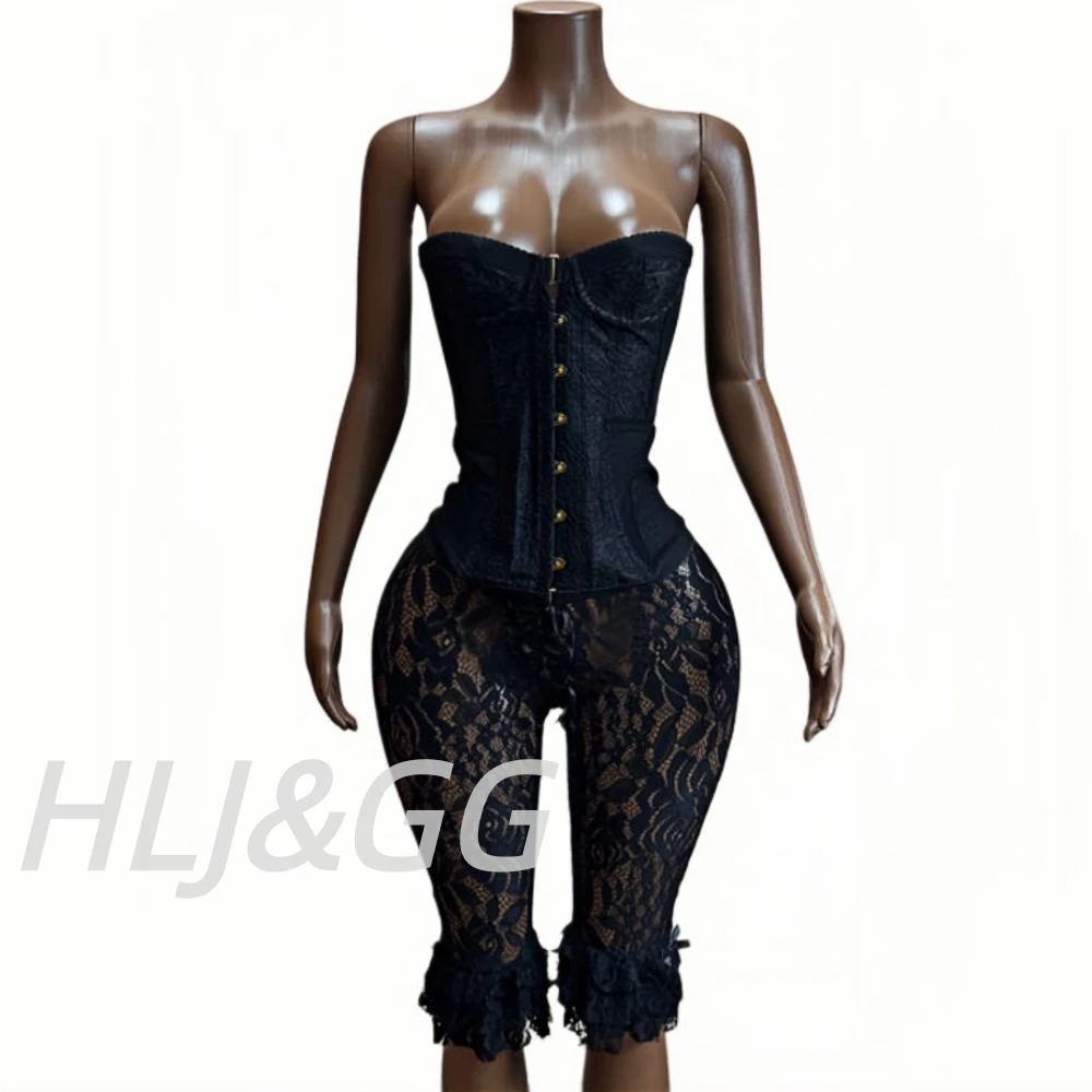 HLJ&GG Sexy Lace See Though Corset Two Piece Sets Women Off Shoulder Sleevelees Tube And Bandage Ruffle Shorts Outfit Streetwear