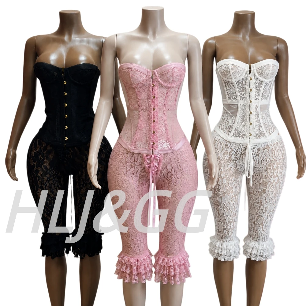 HLJ&GG Sexy Lace See Though Corset Two Piece Sets Women Off Shoulder Sleevelees Tube And Bandage Ruffle Shorts Outfit Streetwear