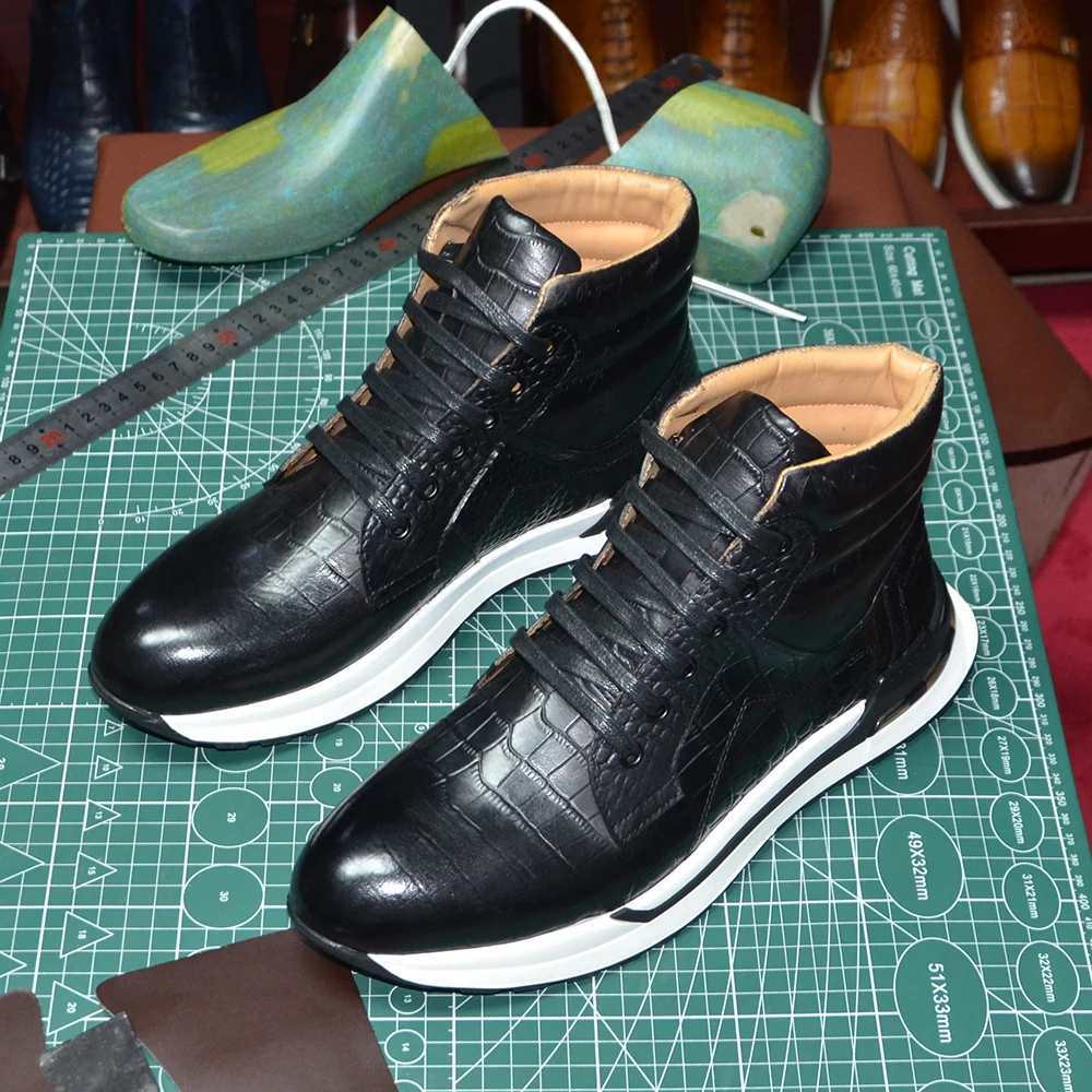 Luxury Winter Men Ankle Boots Cow Genuine Leather Crocodile Print Totem Design Lace-up Motorcycle Boot High Top Mens Sneakers
