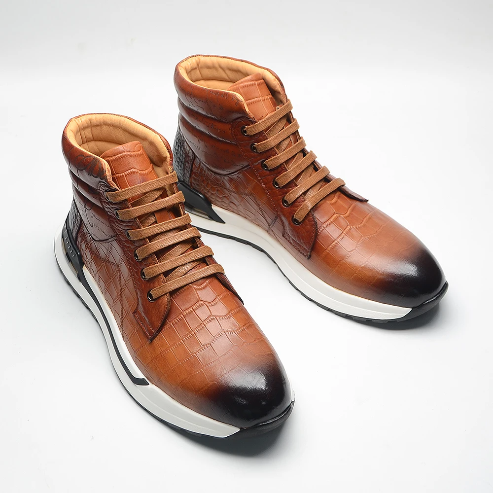 Luxury Winter Men Ankle Boots Cow Genuine Leather Crocodile Print Totem Design Lace-up Motorcycle Boot High Top Mens Sneakers