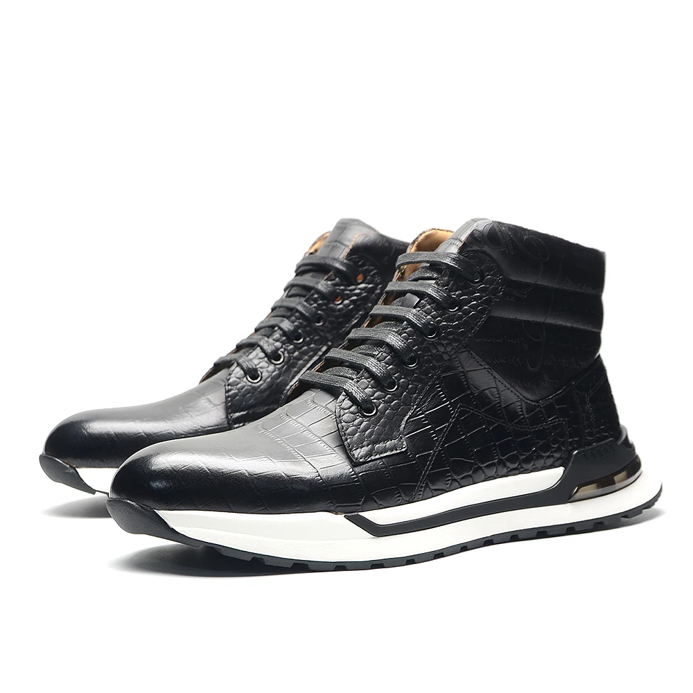Luxury Winter Men Ankle Boots Cow Genuine Leather Crocodile Print Totem Design Lace-up Motorcycle Boot High Top Mens Sneakers
