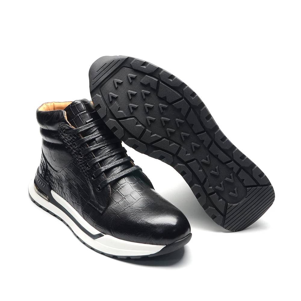Luxury Winter Men Ankle Boots Cow Genuine Leather Crocodile Print Totem Design Lace-up Motorcycle Boot High Top Mens Sneakers