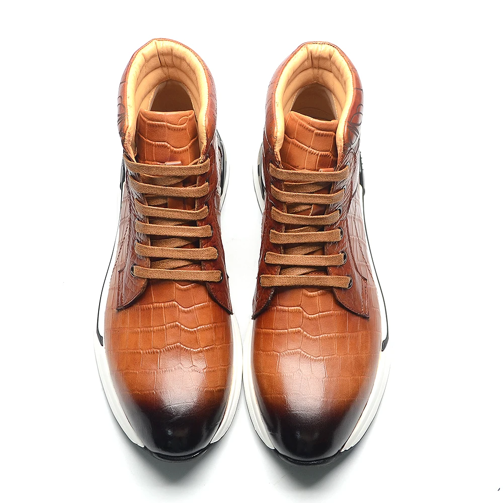 Luxury Winter Men Ankle Boots Cow Genuine Leather Crocodile Print Totem Design Lace-up Motorcycle Boot High Top Mens Sneakers