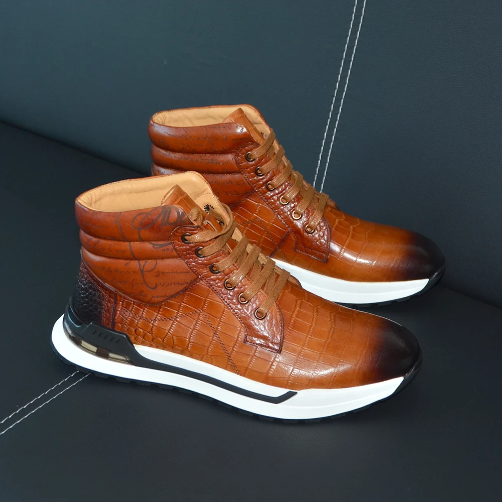 Luxury Winter Men Ankle Boots Cow Genuine Leather Crocodile Print Totem Design Lace-up Motorcycle Boot High Top Mens Sneakers