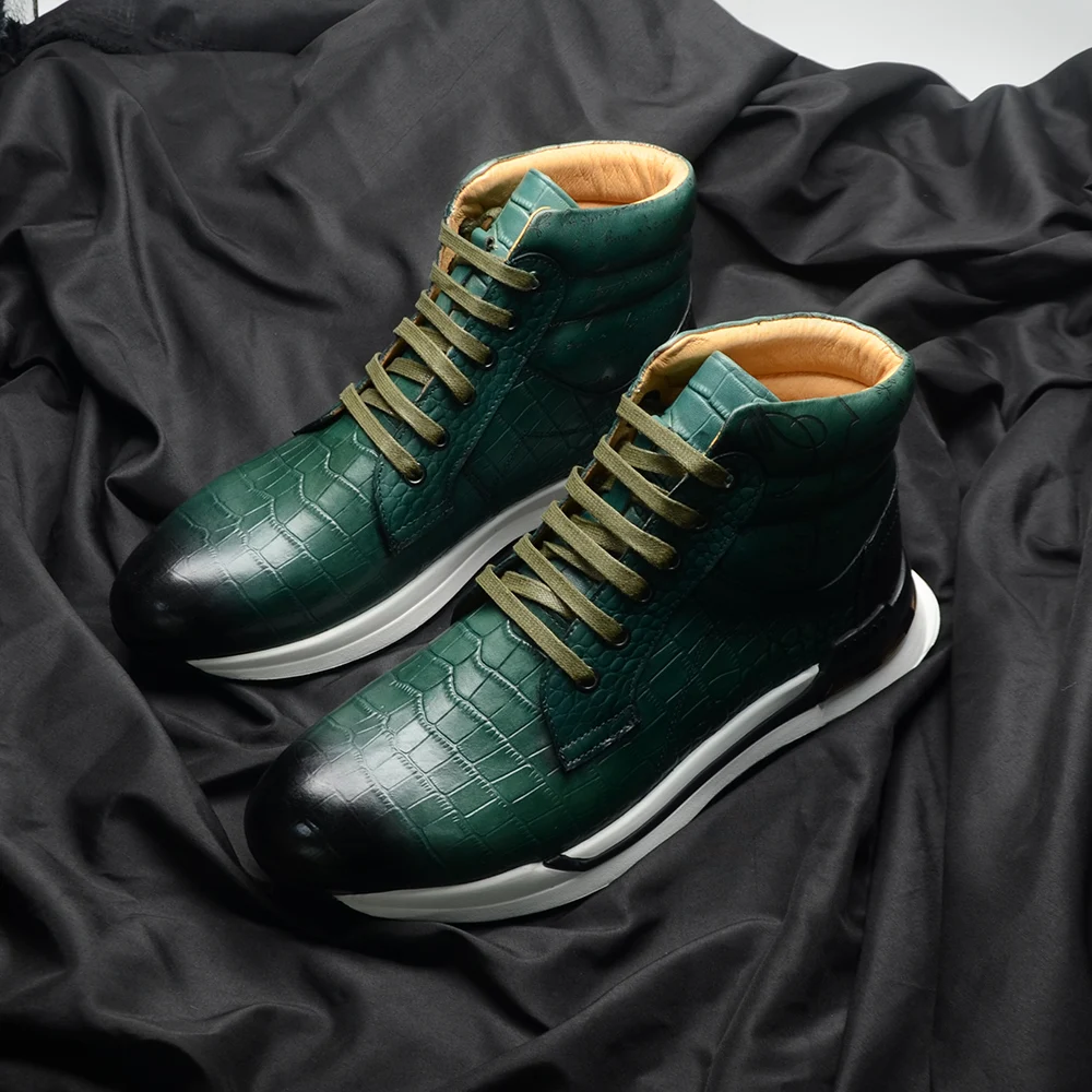 Luxury Winter Men Ankle Boots Cow Genuine Leather Crocodile Print Totem Design Lace-up Motorcycle Boot High Top Mens Sneakers