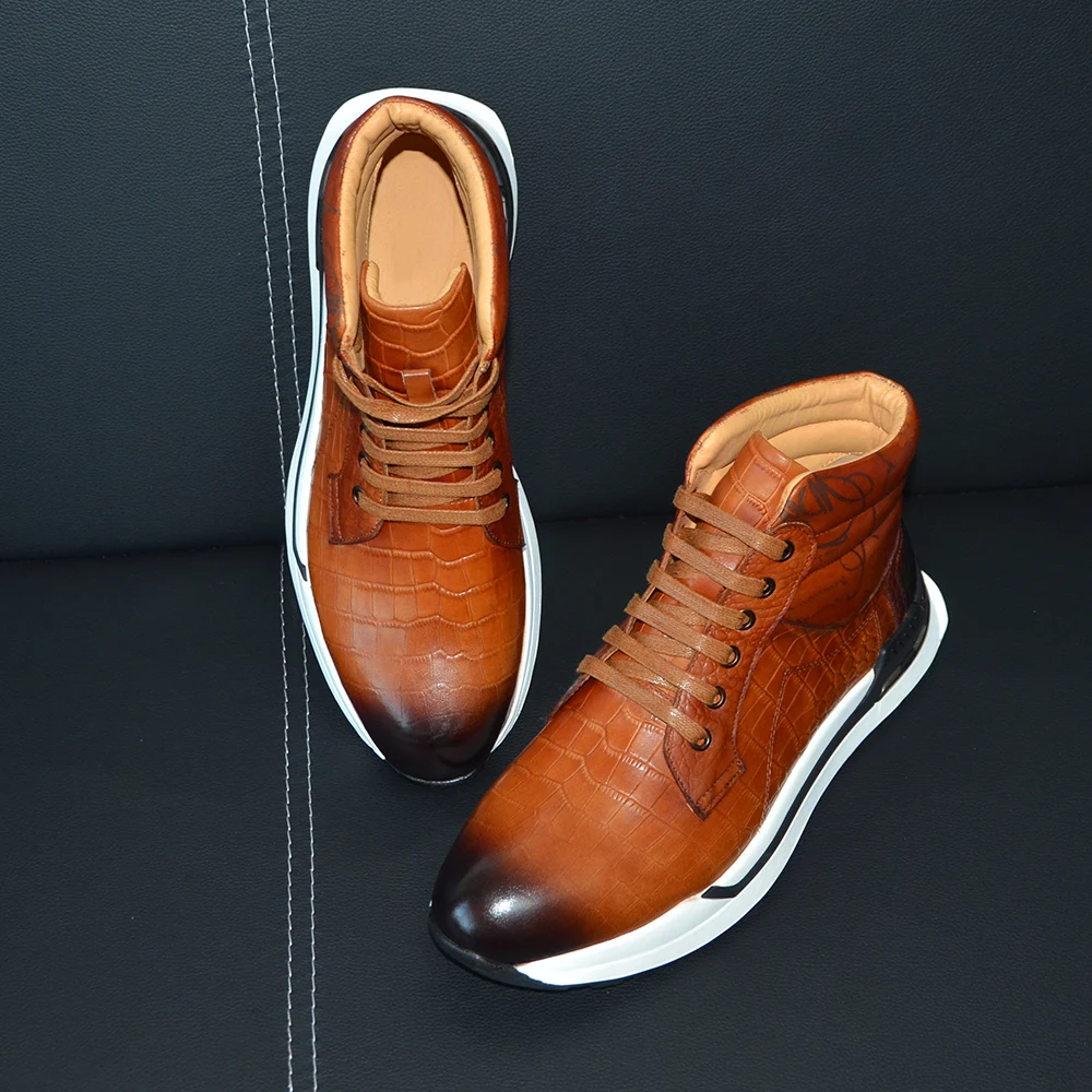 Luxury Winter Men Ankle Boots Cow Genuine Leather Crocodile Print Totem Design Lace-up Motorcycle Boot High Top Mens Sneakers