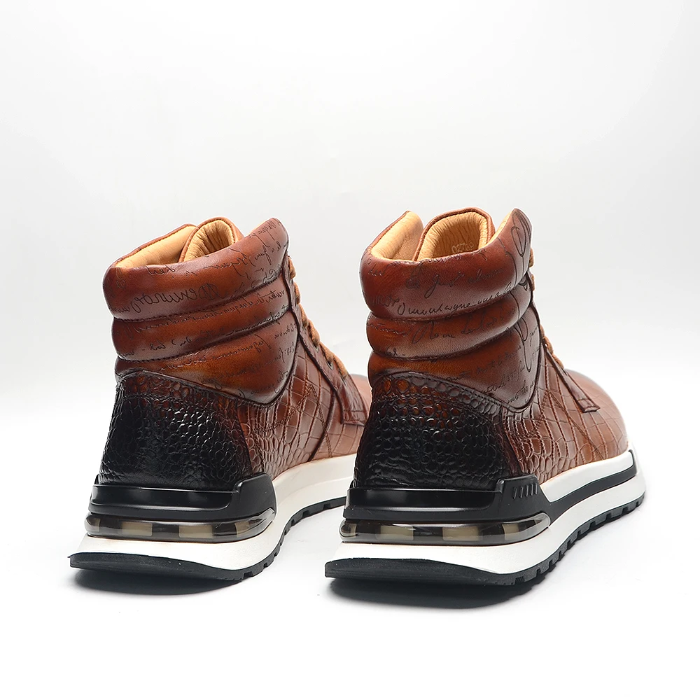 Luxury Winter Men Ankle Boots Cow Genuine Leather Crocodile Print Totem Design Lace-up Motorcycle Boot High Top Mens Sneakers