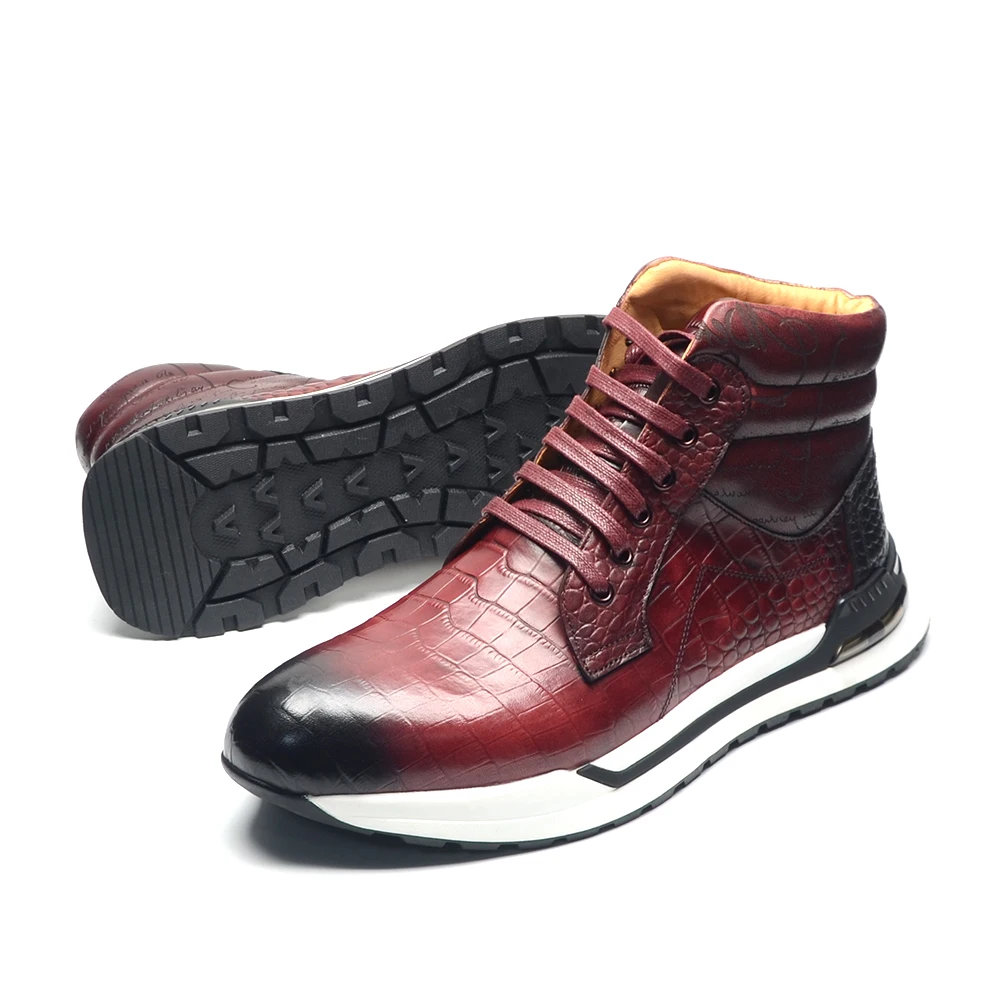 Luxury Winter Men Ankle Boots Cow Genuine Leather Crocodile Print Totem Design Lace-up Motorcycle Boot High Top Mens Sneakers