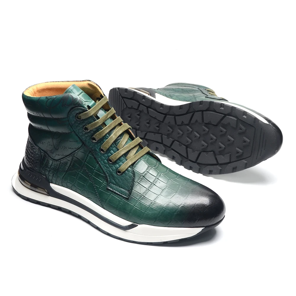 Luxury Winter Men Ankle Boots Cow Genuine Leather Crocodile Print Totem Design Lace-up Motorcycle Boot High Top Mens Sneakers