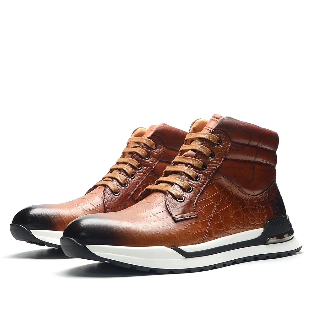 Luxury Winter Men Ankle Boots Cow Genuine Leather Crocodile Print Totem Design Lace-up Motorcycle Boot High Top Mens Sneakers