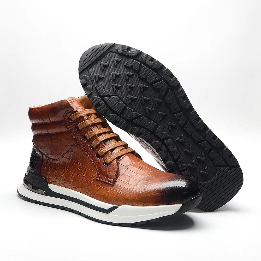Luxury Winter Men Ankle Boots Cow Genuine Leather Crocodile Print Totem Design Lace-up Motorcycle Boot High Top Mens Sneakers