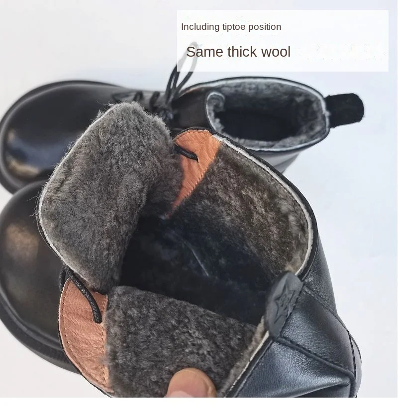 Winter Leather Sheepskin Fur Integrated Wide Toe Woman Short Boots Wool Non-slip Snow Boots Cotton Boots Ankle Women's Shoes