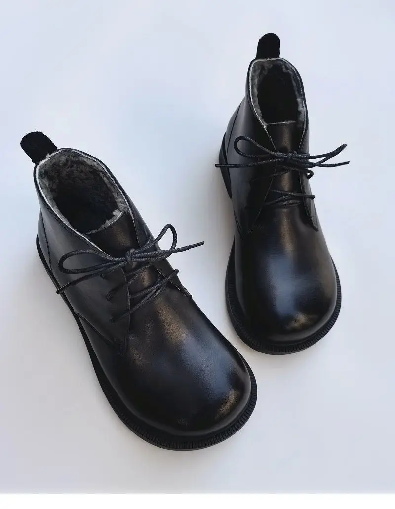 Winter Leather Sheepskin Fur Integrated Wide Toe Woman Short Boots Wool Non-slip Snow Boots Cotton Boots Ankle Women's Shoes