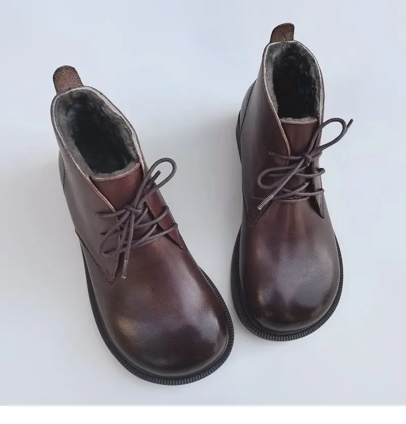 Winter Leather Sheepskin Fur Integrated Wide Toe Woman Short Boots Wool Non-slip Snow Boots Cotton Boots Ankle Women's Shoes