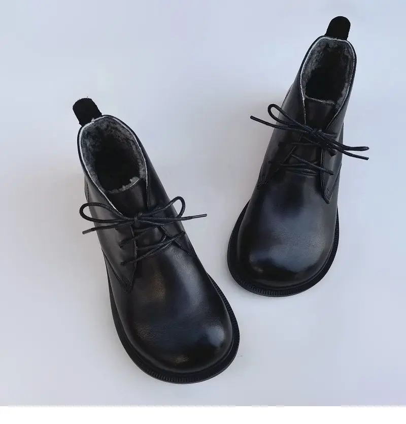 Winter Leather Sheepskin Fur Integrated Wide Toe Woman Short Boots Wool Non-slip Snow Boots Cotton Boots Ankle Women's Shoes