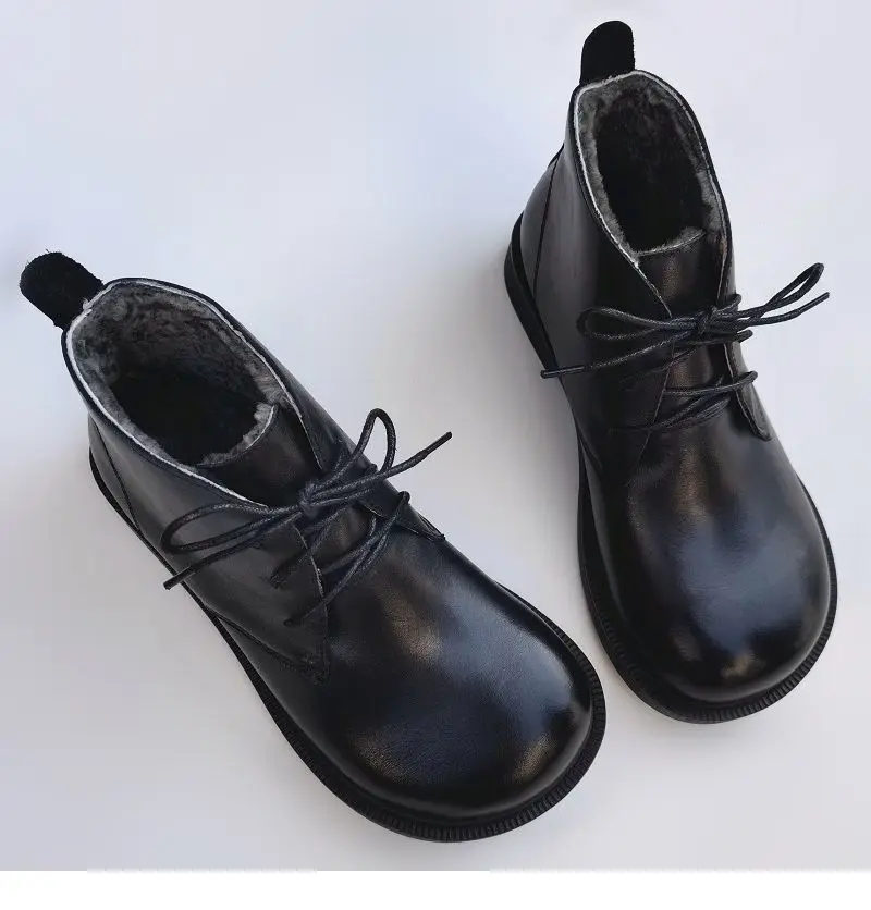 Winter Leather Sheepskin Fur Integrated Wide Toe Woman Short Boots Wool Non-slip Snow Boots Cotton Boots Ankle Women's Shoes