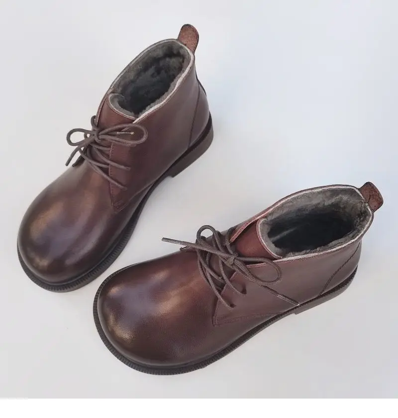 Winter Leather Sheepskin Fur Integrated Wide Toe Woman Short Boots Wool Non-slip Snow Boots Cotton Boots Ankle Women's Shoes