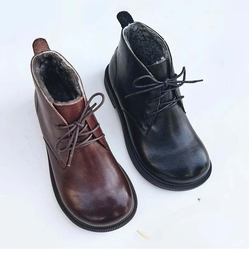 Winter Leather Sheepskin Fur Integrated Wide Toe Woman Short Boots Wool Non-slip Snow Boots Cotton Boots Ankle Women's Shoes