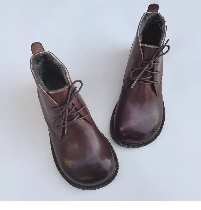 Winter Leather Sheepskin Fur Integrated Wide Toe Woman Short Boots Wool Non-slip Snow Boots Cotton Boots Ankle Women's Shoes