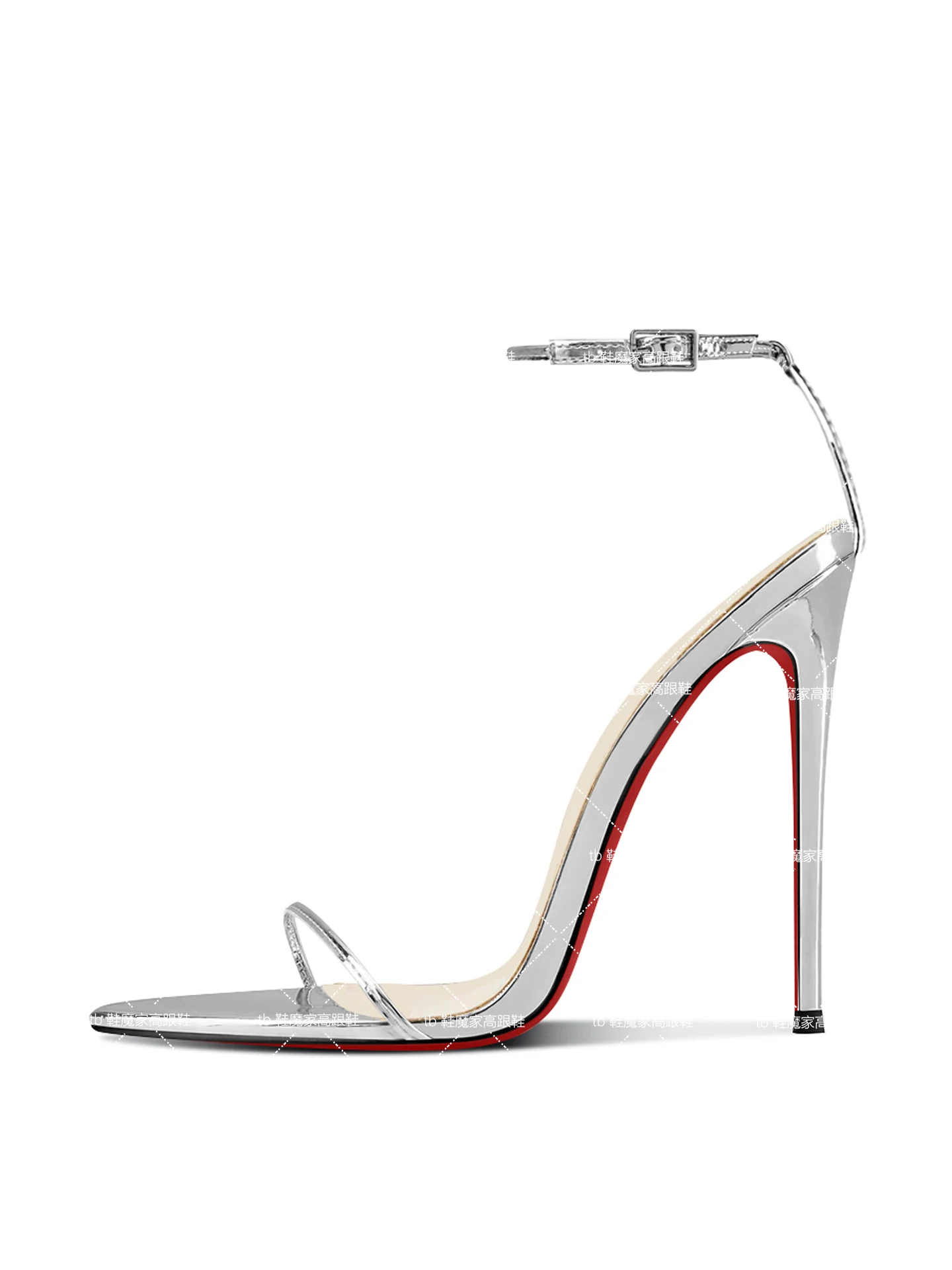 European and American style silver 12cm pointed straight buckle with sexy high-heeled shoes, women's slim heeled sandals