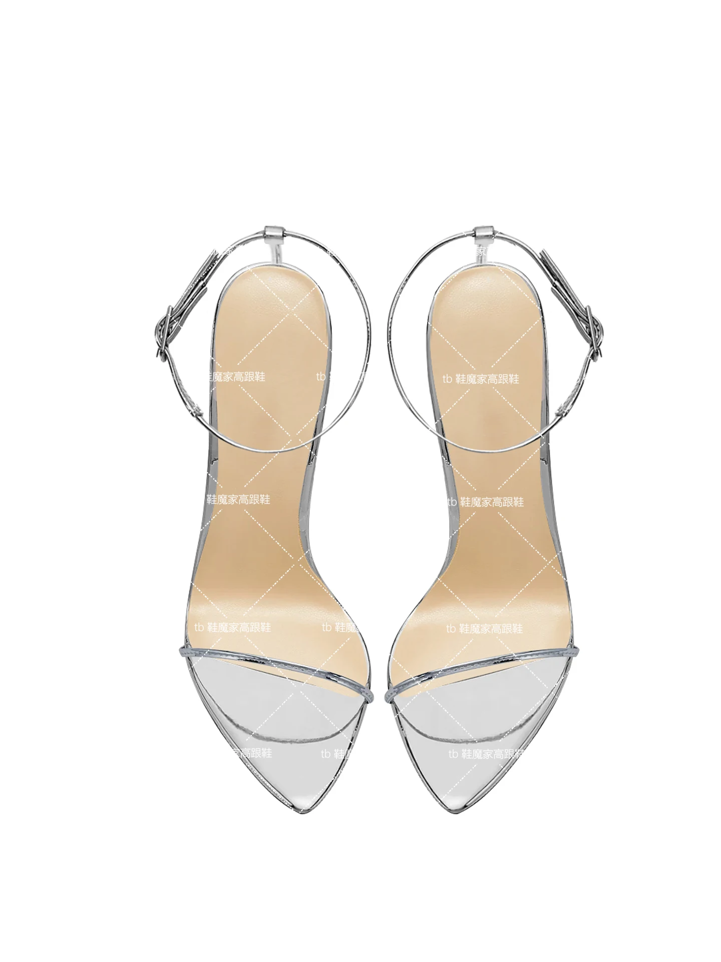 European and American style silver 12cm pointed straight buckle with sexy high-heeled shoes, women's slim heeled sandals