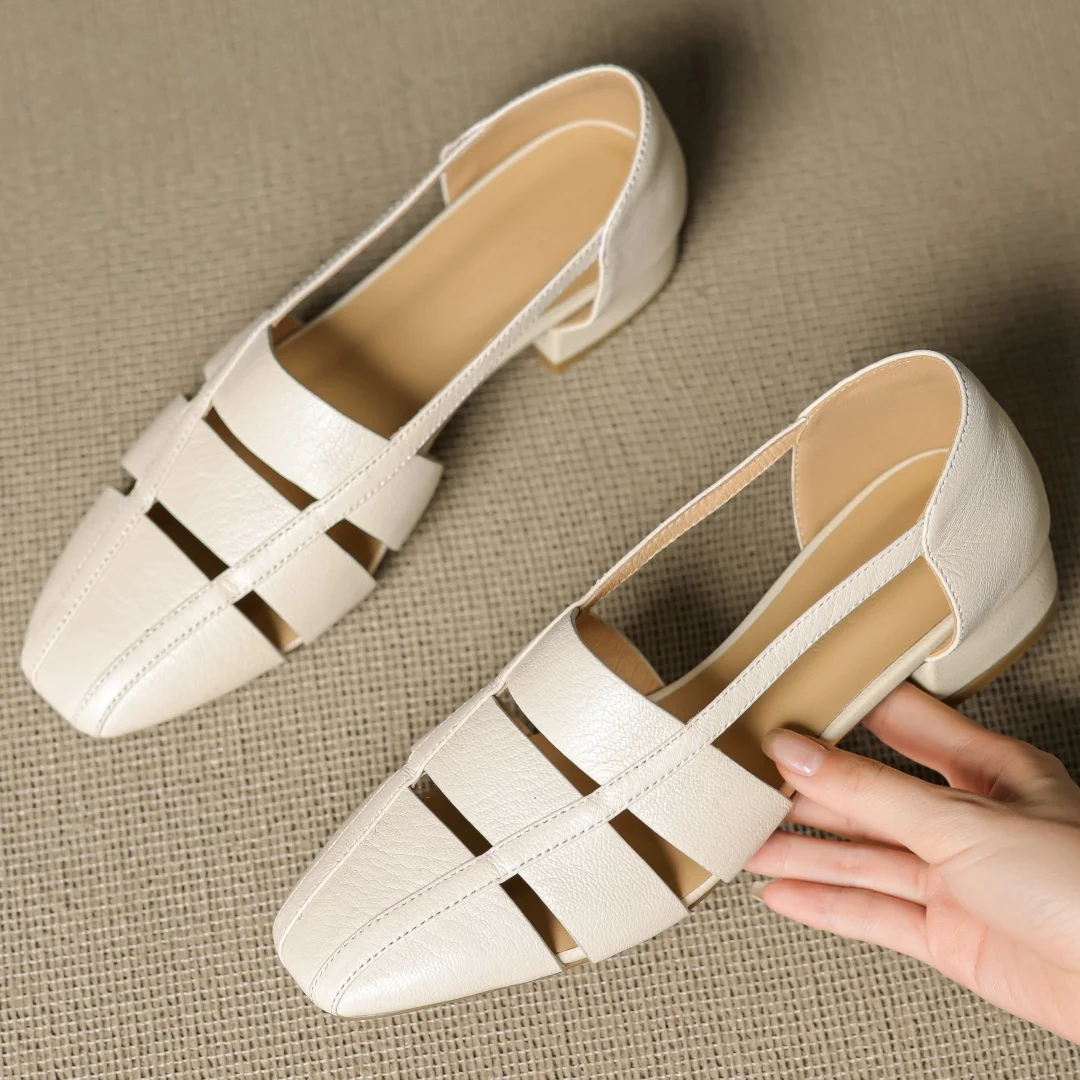 Women's sheepskin narrow band patchwork hollow-out square toe slip-on flats high quality soft comfortable casual summer shoes