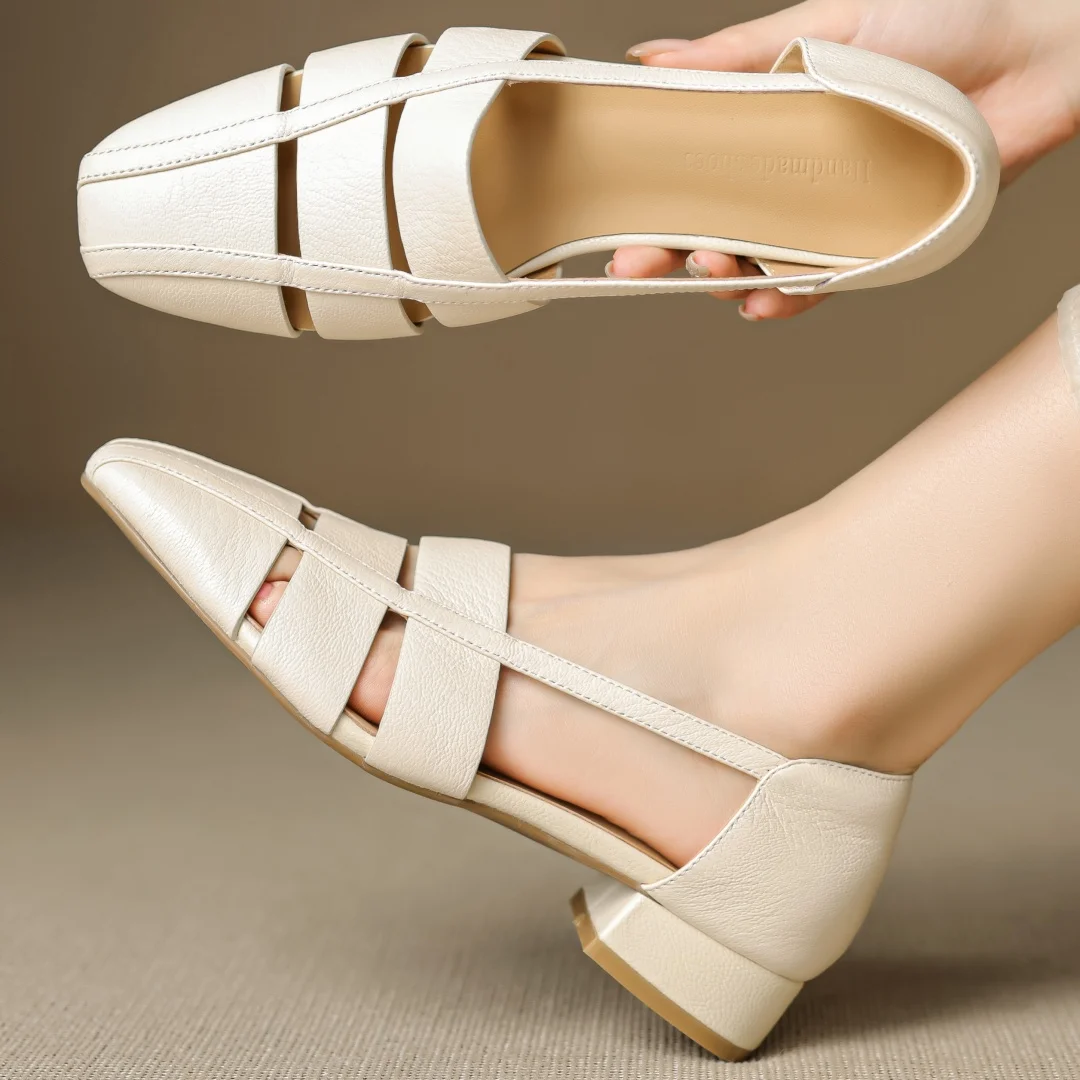 Women's sheepskin narrow band patchwork hollow-out square toe slip-on flats high quality soft comfortable casual summer shoes