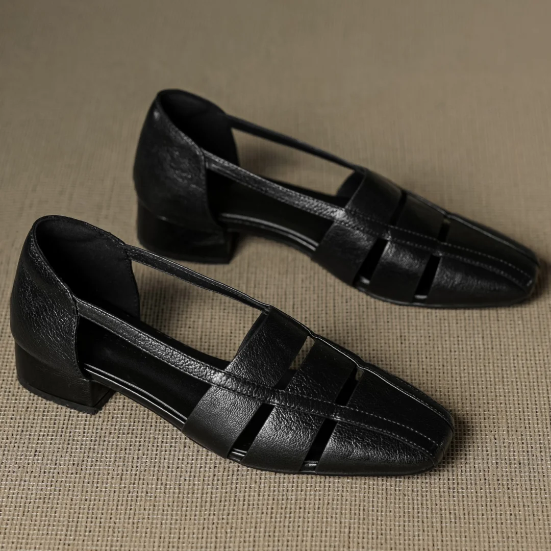 Women's sheepskin narrow band patchwork hollow-out square toe slip-on flats high quality soft comfortable casual summer shoes