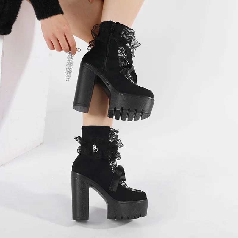 Gdgydh Vintage Gothic Lace Ankle Boots for Women Chunky Heel Side Zipper with Chain Detail Platform Goth Boots High Heels