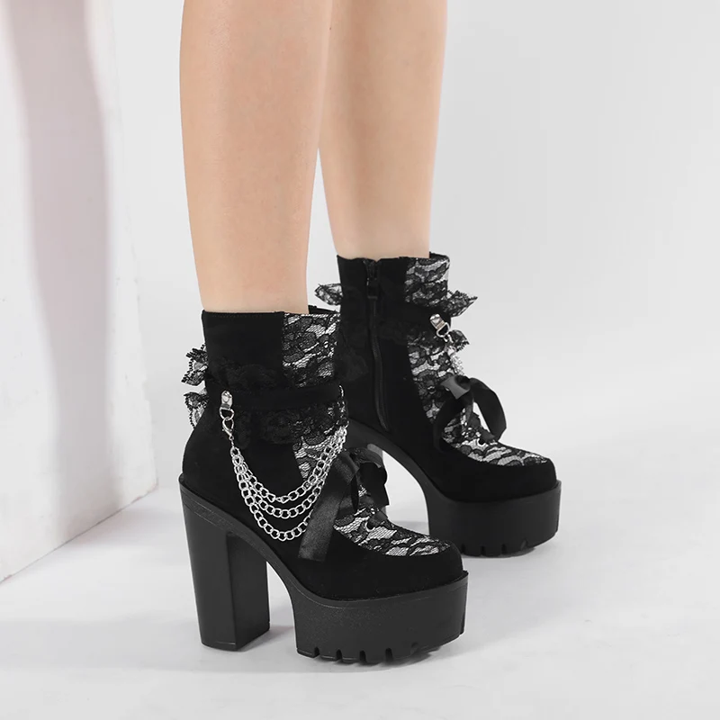 Gdgydh Vintage Gothic Lace Ankle Boots for Women Chunky Heel Side Zipper with Chain Detail Platform Goth Boots High Heels