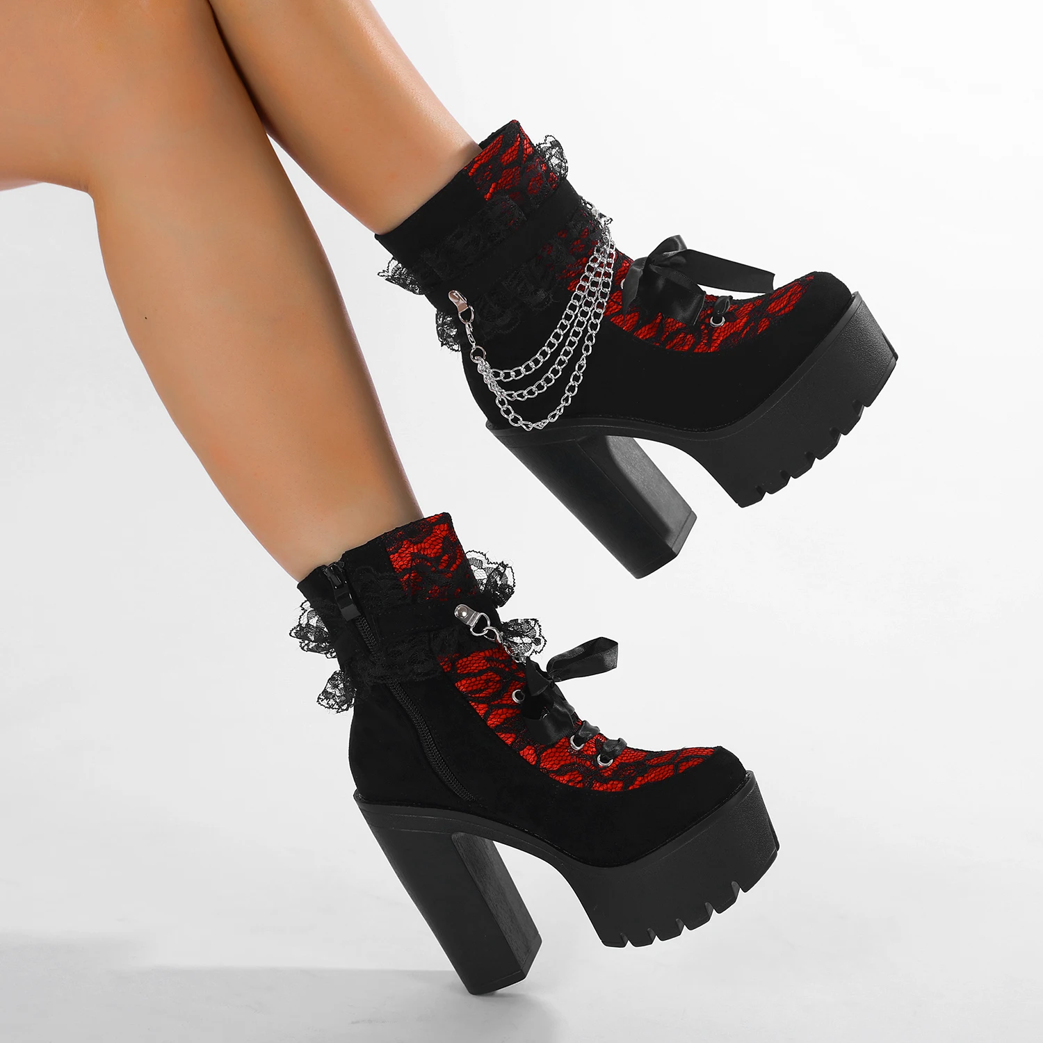 Gdgydh Vintage Gothic Lace Ankle Boots for Women Chunky Heel Side Zipper with Chain Detail Platform Goth Boots High Heels