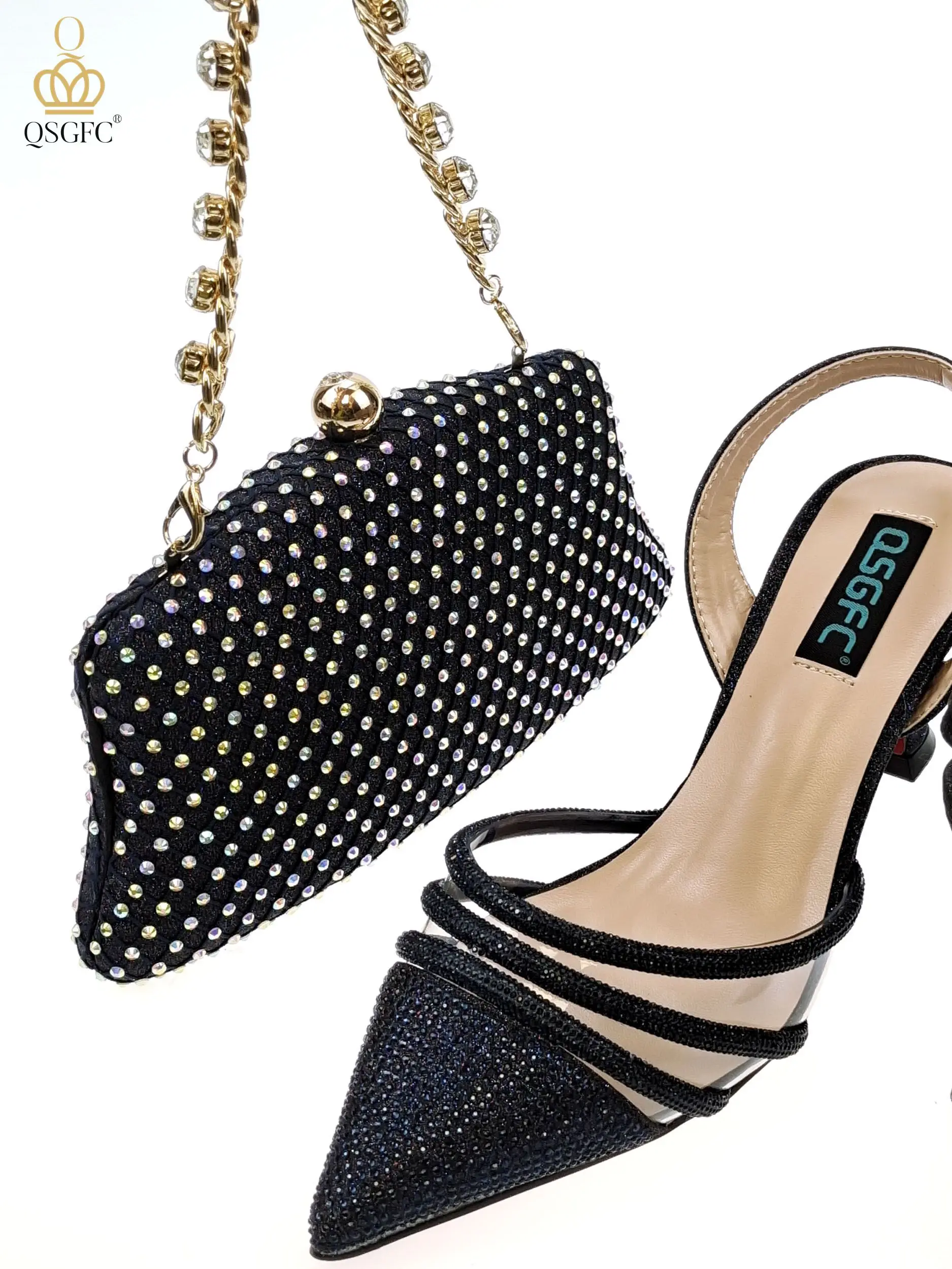 QSGFC New Nigerian Popular Sparkling Full Diamond Decoration Simple Versatile Wine Women's Shoes and Party Wedding Bags