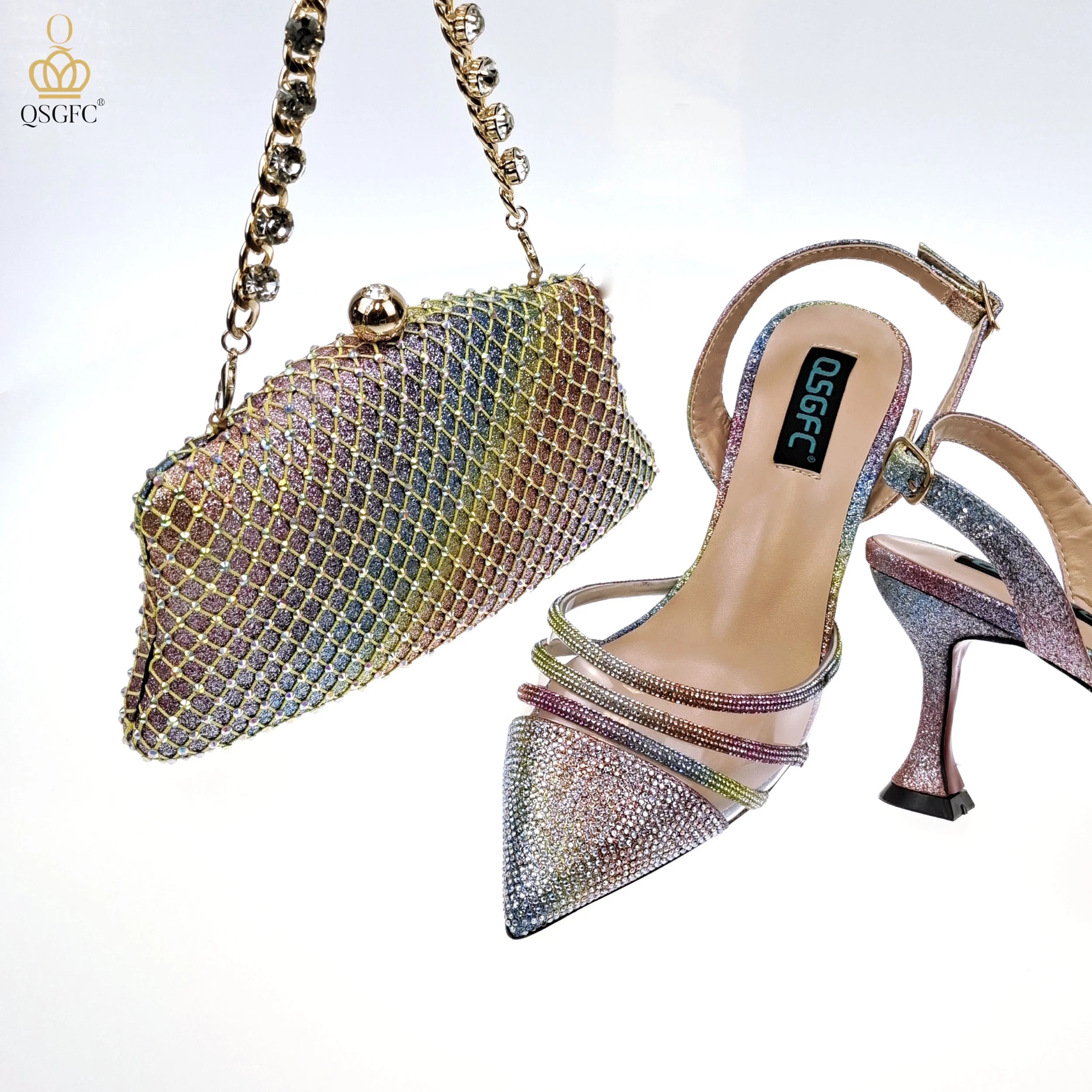 QSGFC New Nigerian Popular Sparkling Full Diamond Decoration Simple Versatile Wine Women's Shoes and Party Wedding Bags