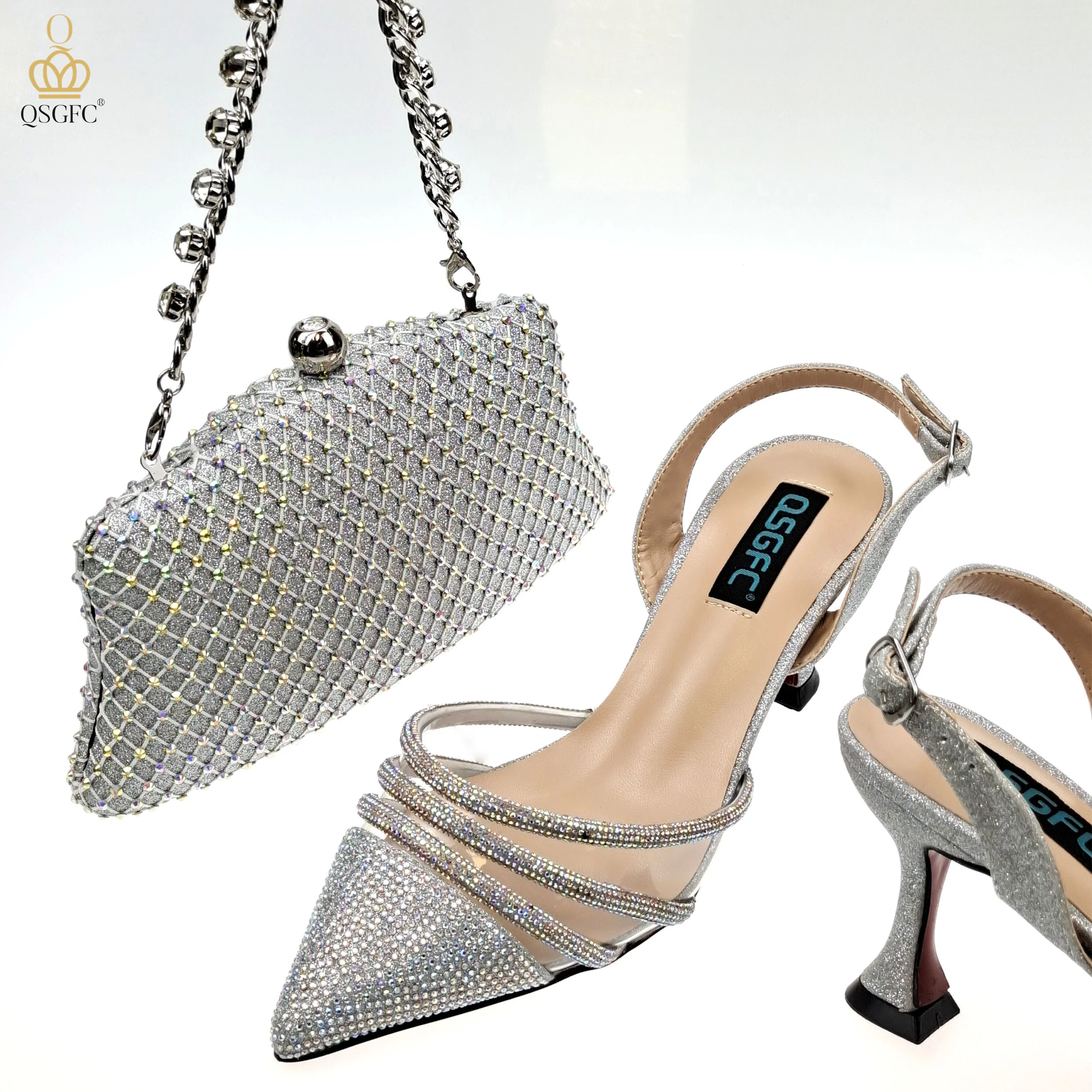 QSGFC New Nigerian Popular Sparkling Full Diamond Decoration Simple Versatile Wine Women's Shoes and Party Wedding Bags