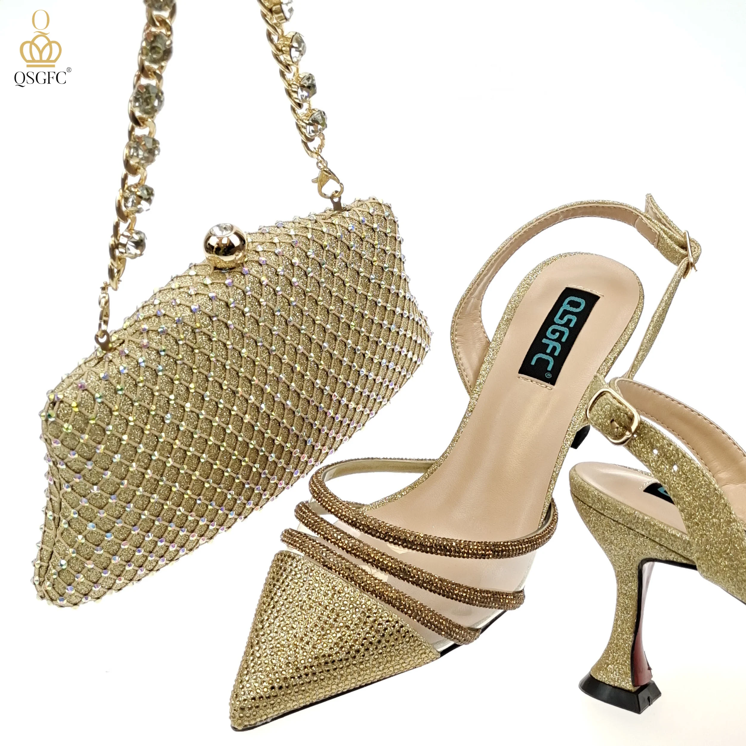 QSGFC New Nigerian Popular Sparkling Full Diamond Decoration Simple Versatile Wine Women's Shoes and Party Wedding Bags