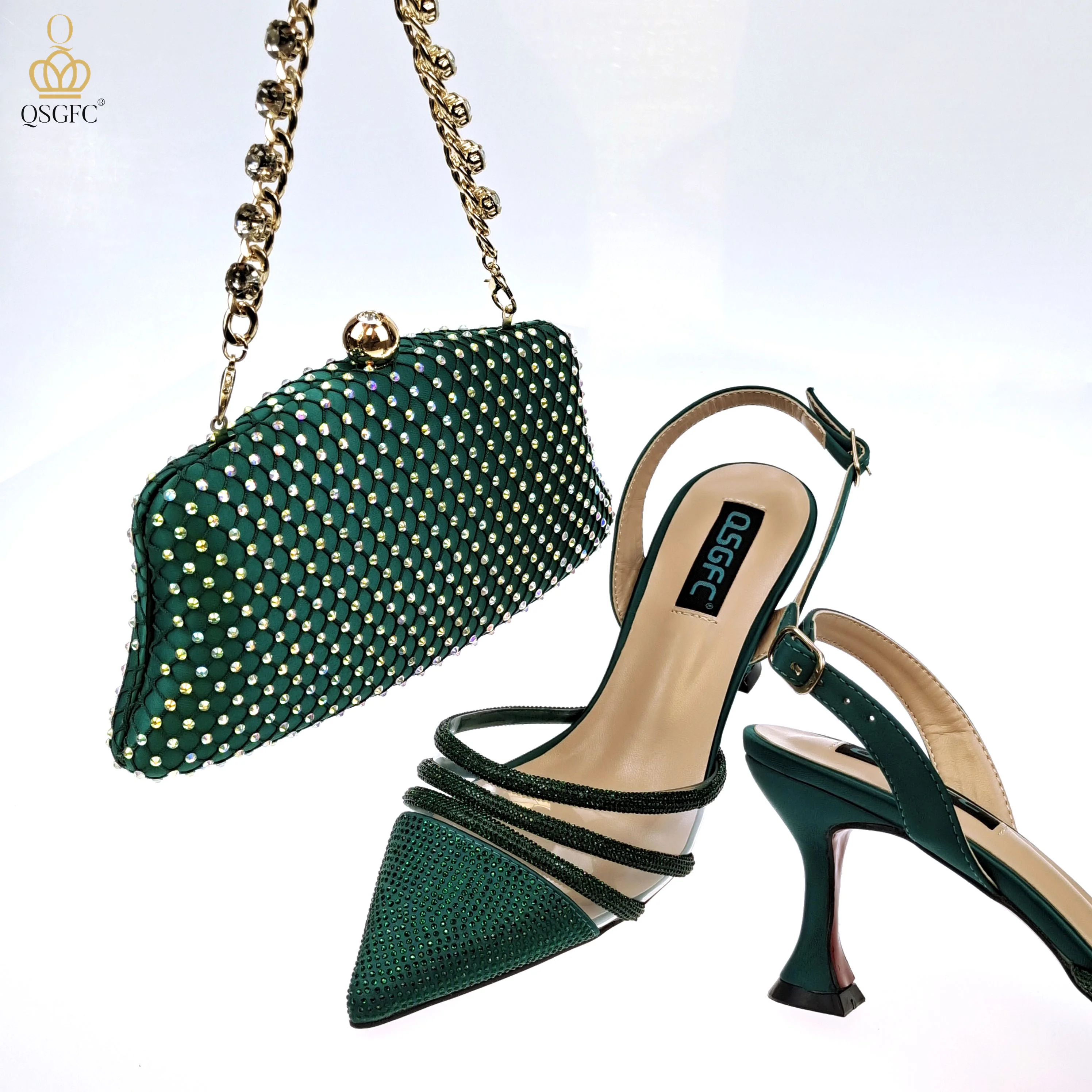 QSGFC New Nigerian Popular Sparkling Full Diamond Decoration Simple Versatile Wine Women's Shoes and Party Wedding Bags