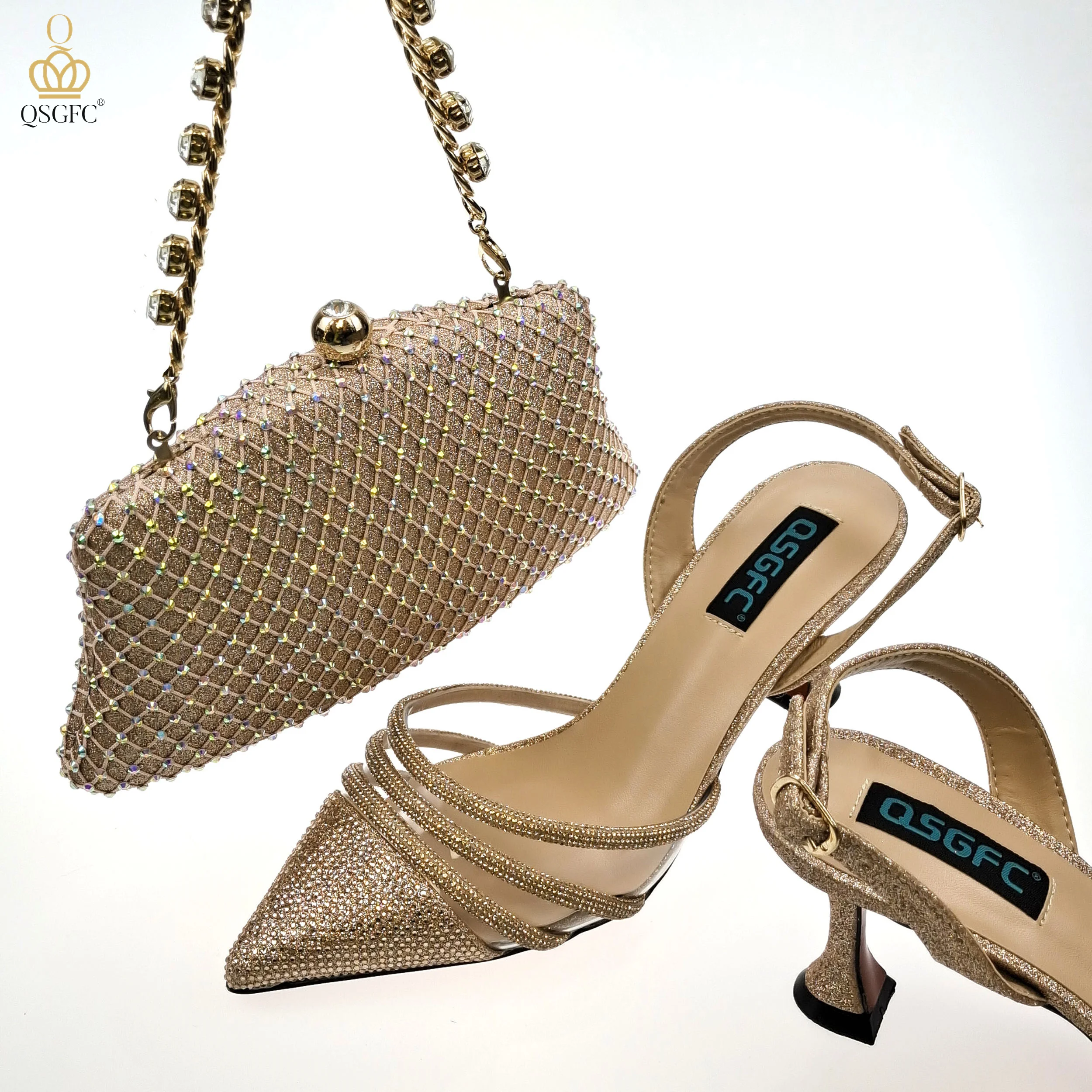 QSGFC New Nigerian Popular Sparkling Full Diamond Decoration Simple Versatile Wine Women's Shoes and Party Wedding Bags