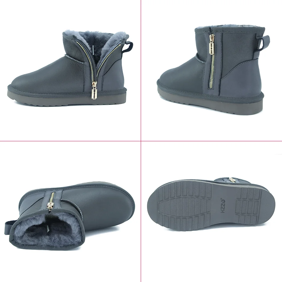 KZZO Australia Classic Sheepskin Snow Boots With Zipper Women Winter Short Waterproof Leather Natural Wool Lined Ankle Warm Shoe