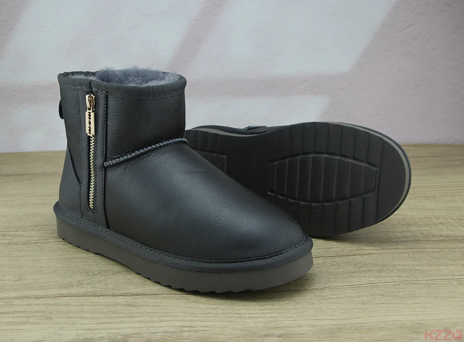 KZZO Australia Classic Sheepskin Snow Boots With Zipper Women Winter Short Waterproof Leather Natural Wool Lined Ankle Warm Shoe