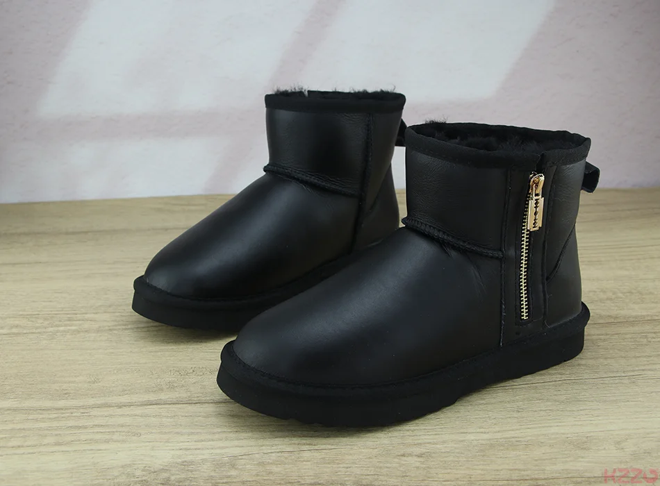 KZZO Australia Classic Sheepskin Snow Boots With Zipper Women Winter Short Waterproof Leather Natural Wool Lined Ankle Warm Shoe