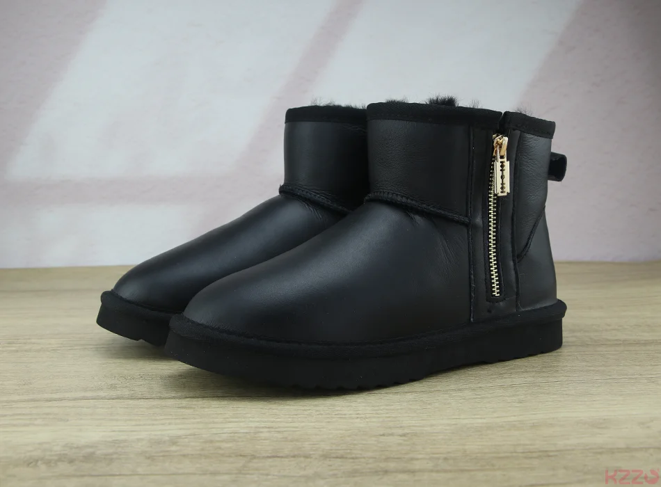 KZZO Australia Classic Sheepskin Snow Boots With Zipper Women Winter Short Waterproof Leather Natural Wool Lined Ankle Warm Shoe