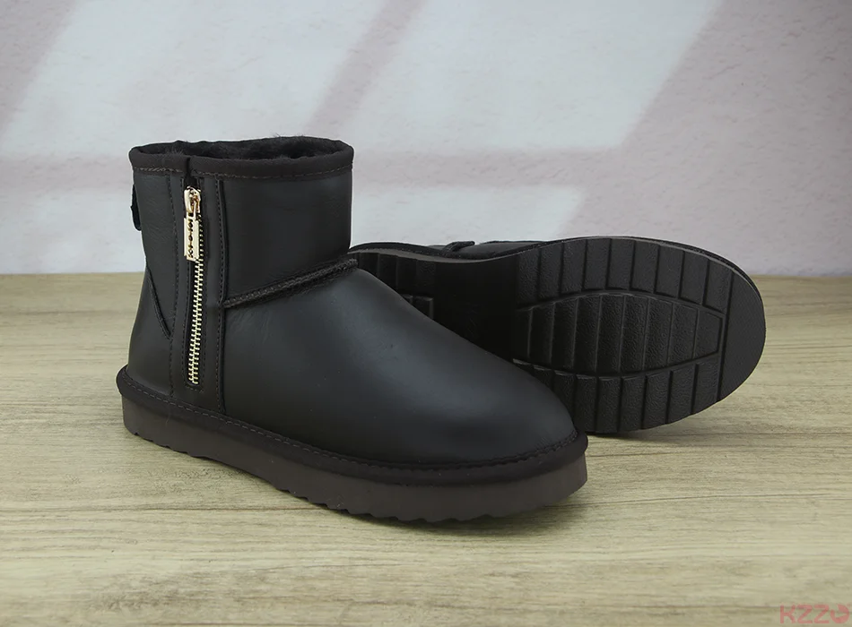 KZZO Australia Classic Sheepskin Snow Boots With Zipper Women Winter Short Waterproof Leather Natural Wool Lined Ankle Warm Shoe
