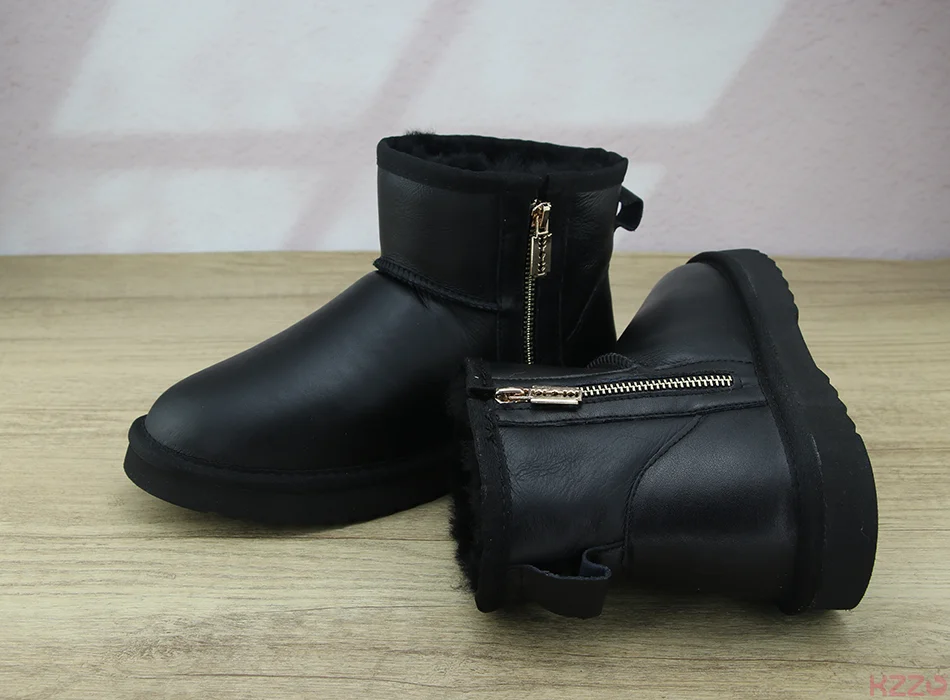 KZZO Australia Classic Sheepskin Snow Boots With Zipper Women Winter Short Waterproof Leather Natural Wool Lined Ankle Warm Shoe