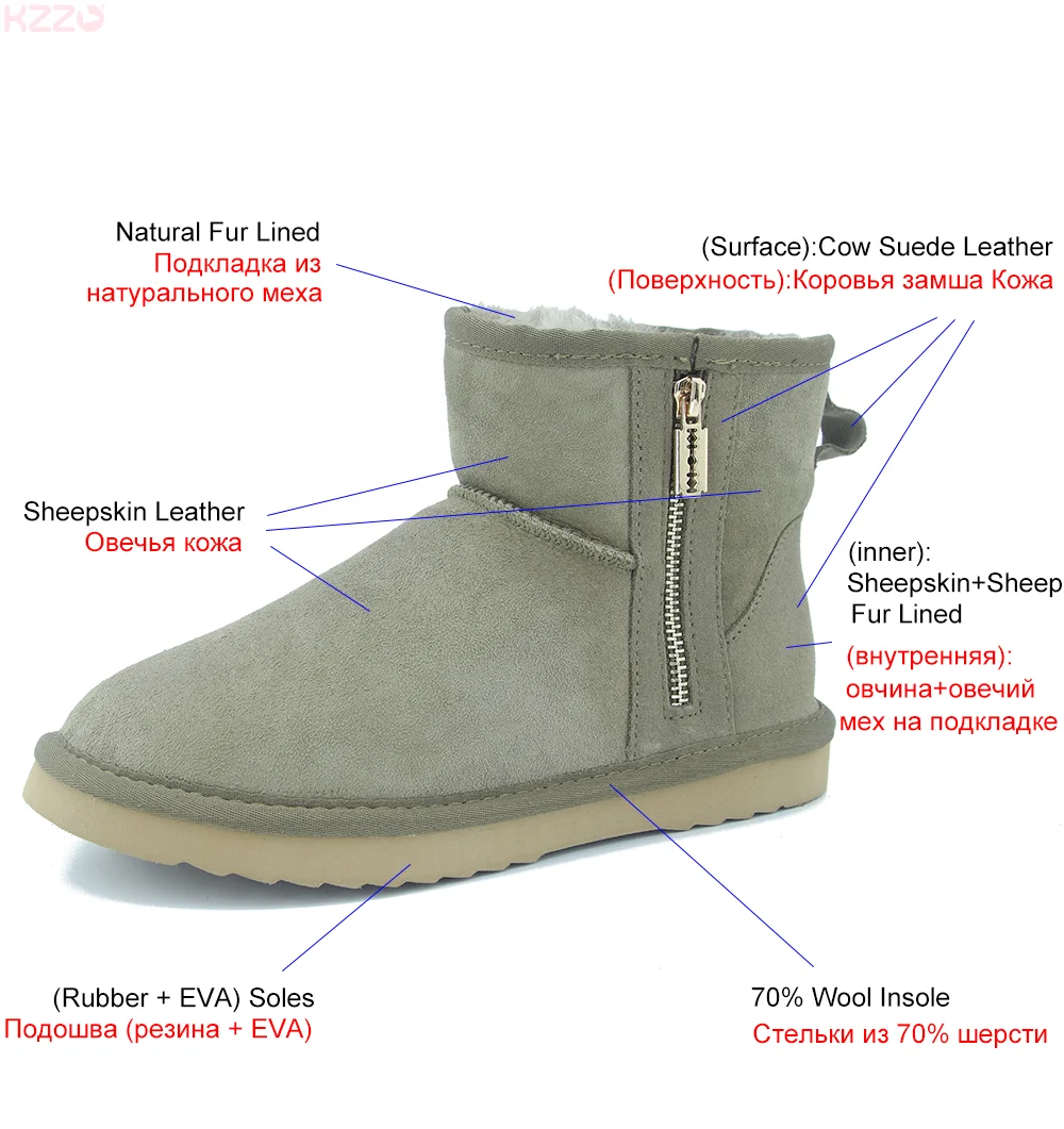 KZZO Australia Classic Sheepskin Snow Boots With Zipper Women Winter Short Waterproof Leather Natural Wool Lined Ankle Warm Shoe