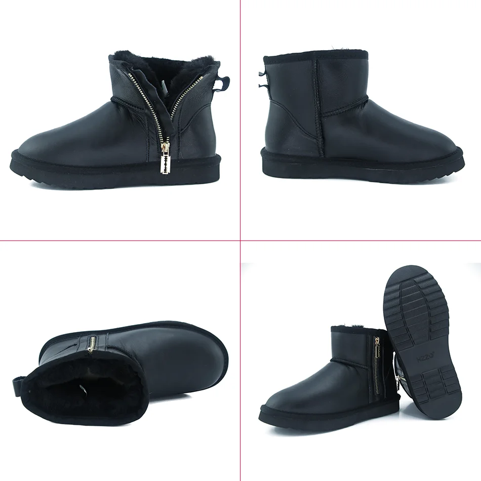 KZZO Australia Classic Sheepskin Snow Boots With Zipper Women Winter Short Waterproof Leather Natural Wool Lined Ankle Warm Shoe