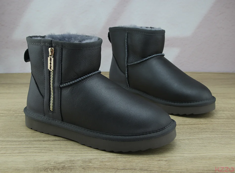 KZZO Australia Classic Sheepskin Snow Boots With Zipper Women Winter Short Waterproof Leather Natural Wool Lined Ankle Warm Shoe